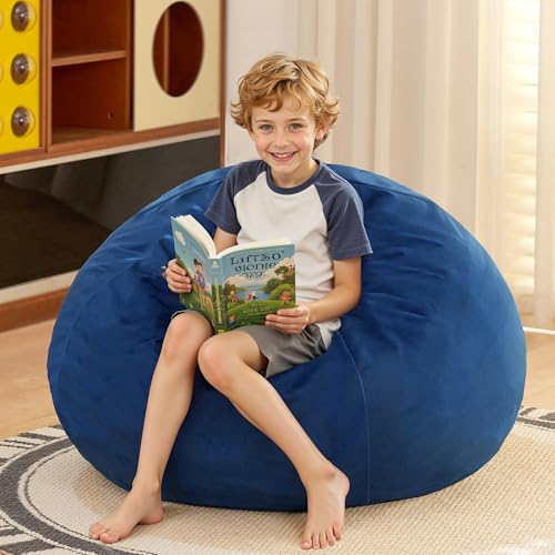 Image of HABUTWAY 2FT Bean Bag Chair, 2' Beanbags Small Bean Bag Chairs with Filling, Teardrop Bean Bag Chair Luxurious Velvet Ultra Soft Fur with Removable Cover (Blue)