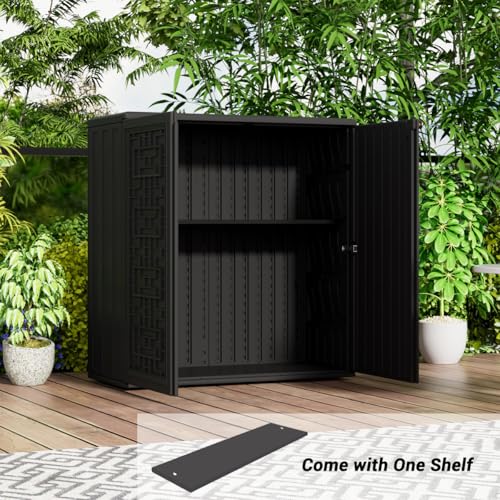 Image of KINYING Outdoor Storage Cabinet Waterproof, Resin 62 Gallon Deck Box for Patio Furniture Cushions, Garden Tools, Pool Tools and Kids' Toys (Black with 1 Shelving)