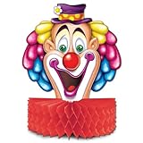 Der Tischaufsteller hat am unteren Ende, unter dem Clownkopf einen Wabenkranz aus Seidenpapier zum auffächern. Auf diesem ca. 15cm Durchmesser großen Kranz steht der ca. 23cm Hohe Clown stabil. Der Kopf ist beidseitig bedruckt. Schöne Deko für den Tisch bei Ihrer Party, besonders zu den Themen Karneval und Kindergeburtstag passend.