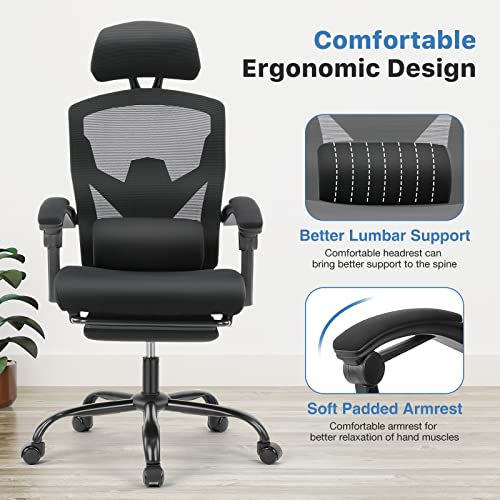 Ergonomic Office Chair, High Back Office Chair With Lumbar Pillow And Retractable Footrest, Mesh Office Chair With Padded Armrests And Adjustable Headrest, Swivel Rolling Chair, Height Adjustable #TOP5
