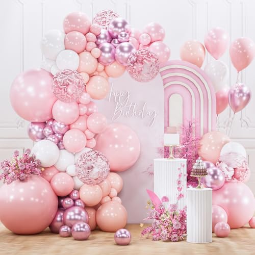 Image of PartyWoo Light Pink Balloon Arch Kit Garland 140pcs Different Sizes of 18 12 10 5 Inch Baby Pastel Pale Pearl Metallic Pink White Clear Confetti Balloons for Baby Shower Birthday Party Decorations
