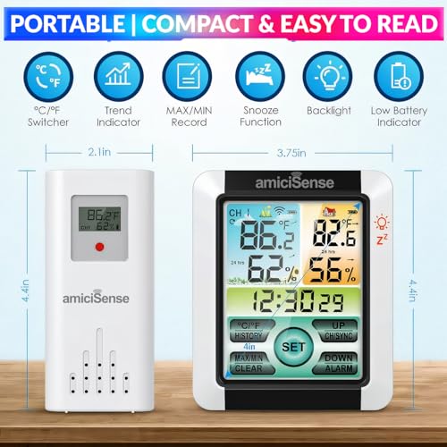 Image of amiciSense Digital Weather Station, Outdoor /Indoor Temperature and Humidity Monitoring Device with Touch Screen and Clock Function