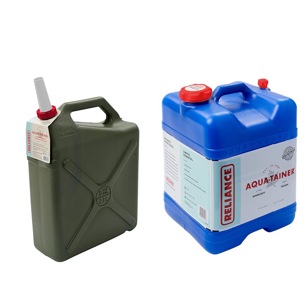 Reliance Products Desert Patrol 6 Gallon Rigid Water Container, Green, 14.8 Inch x 6.3 Inch x 19.0 Inch & Aqua-Tainer 7 Gallon Rigid Water Container, Blue, 11.3 Inch x 11.0 Inch x 15.3 Inch