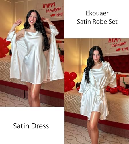 Ekouaer Women's Satin Robe Set Nightgown with Robes Silk Pajama Set 2 Pieces Lingerie Cowl Neck Cami Sleepwear Sets2
