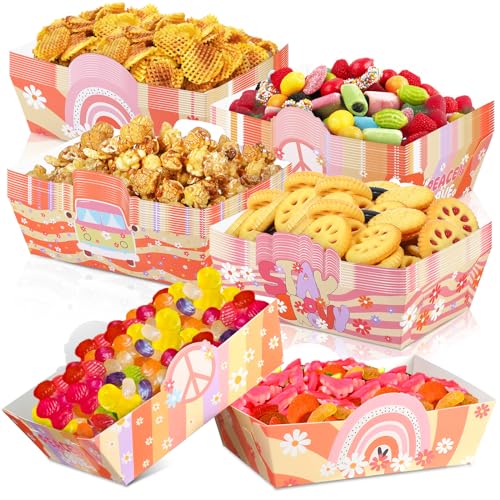 Hushee 48 Pcs Groovy Party Favor Food Paper Trays Groovy Party Supplies Hippie Daisy Flower Boats Retro Boho Trays Disposable Food Tray for Snack Candy Popcorn Hot Dog Birthday Supplies
