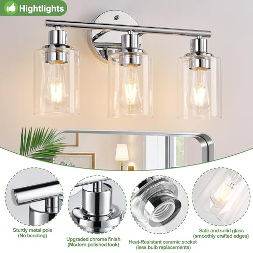 3-Light Bathroom Light Fixtures, Chrome Bathroom Wall Light with Clear Glass Shade, Bathroom Wall Lamp for Mirror Kitchen Living Room Hallway Cabinet