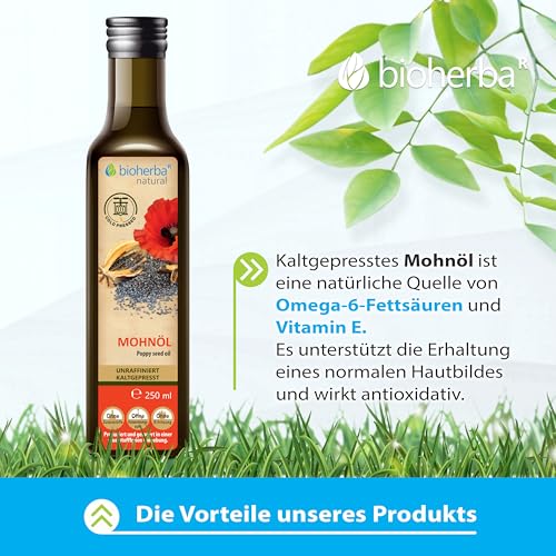 Mohnöl 250 ml – Kaltgepresstes Öl aus Mohnsamen | Natürlich & reich an Vitamin E & Omega-6 | Für Küche, Haut & Haarpflege | Von BIOHERBA