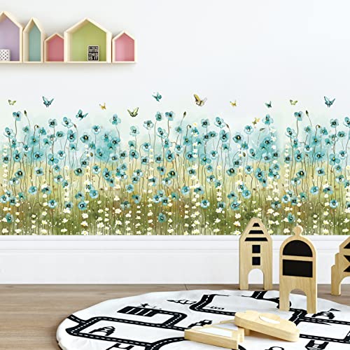 Vinilos decorativos flores y mariposas azul y blanco 4 hojas miniatura 6