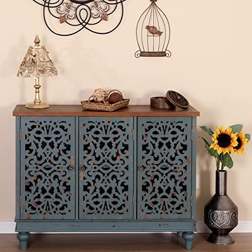 Maison Arts Sideboard Buffet Storage Cabinet, Accent Cabinet With 3 Hollow Carved Doors Distressed Decorative Farmhouse Cabinet Cupboard For Kitchen, Dining Room, Living Room, Bedroom, Entryway, Blue #TOP13