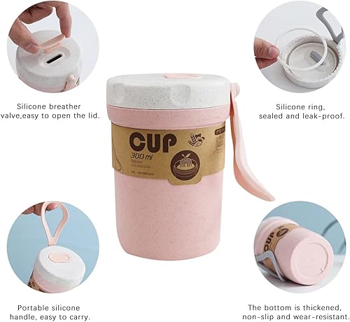 Miniatura 4 de LZYMSZ 2 vasos de sopa de paja de trigo, 10.1 fl oz, taza de desayuno portátil para microondas, 2 colores de gachas de avena con cuchara para