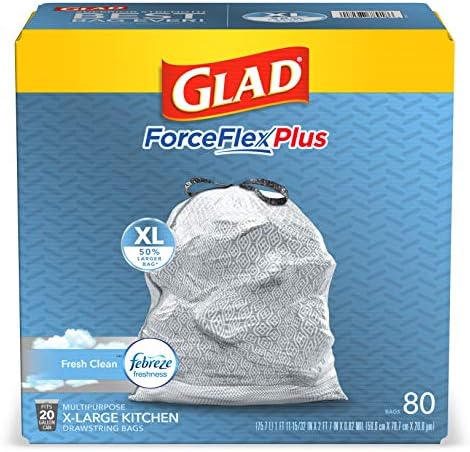 GLAD ForceFlexPlus XL X-Large Kitchen Drawstring Trash Bags, 20 Gallon Grey Trash Bag for Large Kitchen Trash Can, Fresh Clean with Febreze Freshness and Leak Protection, 80 Count (Package May Vary)