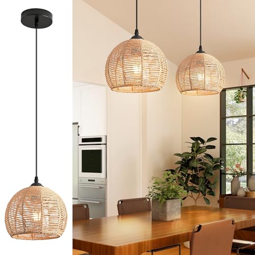 Mlihove Rattan Pendant Light, Rattan Light Fixture Hanging, Boho Pendant Chandelier Lighting Hand Woven Wicker Shades for Kitchen Island Dining Room Bedroom Hallway Living Room