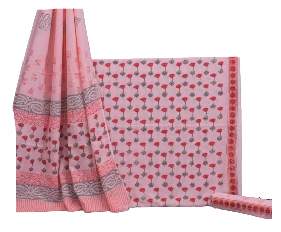 Image of NISHIRE Women's Cotton Jaipuri Hand Block Print Unstitched Suit Material with Cotton Mulmul Dupatta