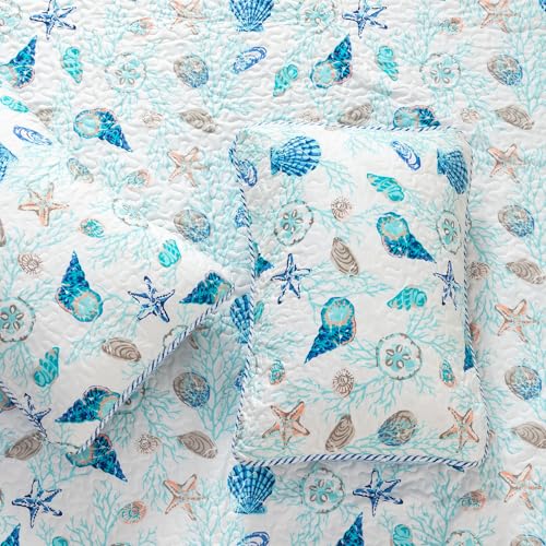 Image of Great Bay Home Coastal Quilt Set - 2-Piece Twin /Twin XL Size Nautical Bedding Set - Lightweight, All-Season, Reversible Coral-Printed Bedspread (Blue Coral)