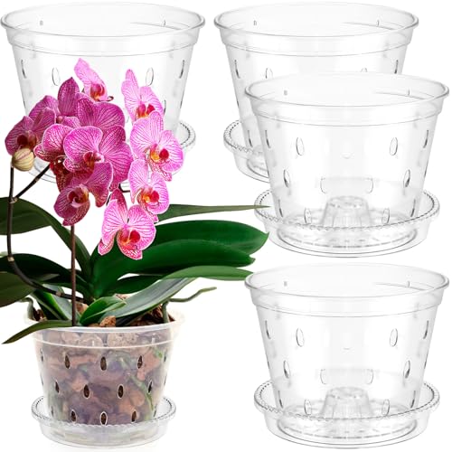 AwObEpl 5Pcs Orchid Pot for Repotting 4/5/6 Inch Transparent Slotted Orchid Pots with Holes and Saucers Breathable Flower Plant Pot Clear Nursery Pots for Orchids (L)