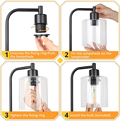 MAXvolador 2-Pack Industrial Touch Control Table Lamp, 3 Way Dimmable 2 USB Charging Ports Bedside Nightstand Reading Lamp with Clear Glass Shade, 6W 2700K LED Bulb for Bedroom, Living Room - Thumbnail 5