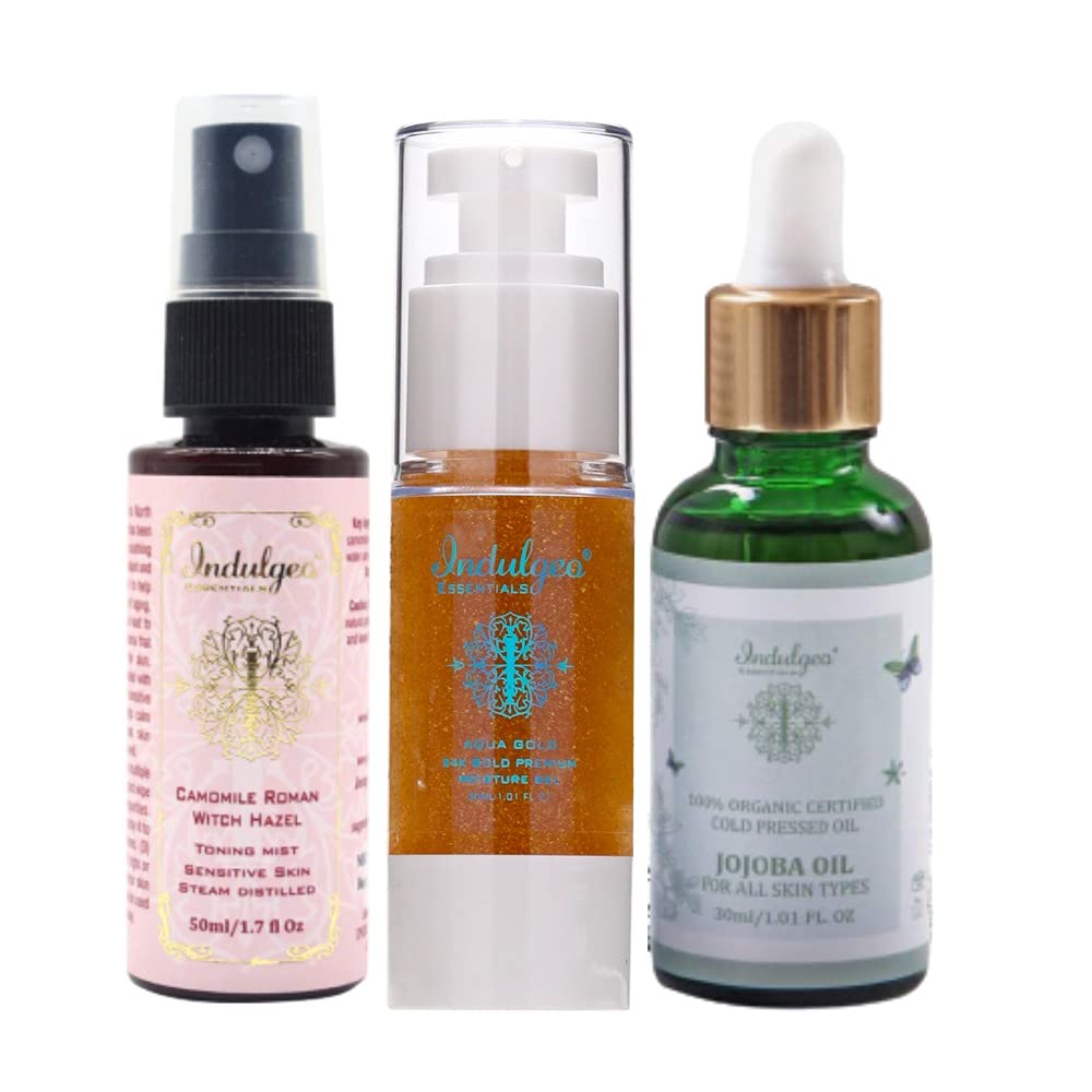 INDULGEO ESSENTIALS Camomile Roman Witch Hazel Toning Mist (50Ml) + Aqua Gold 24K Gold Premium Moisturizer Gel (30 Ml) + Jojoba Oil (30Ml)
