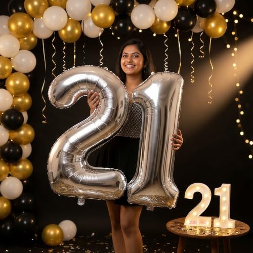 Image of Balloonistics Silver 40-Inch Foil Number 21 Balloon with Matching LED Marquee Light - Combo Set for 21st Birthday, Anniversary, Party Decoration, Photo Booth Backdrop