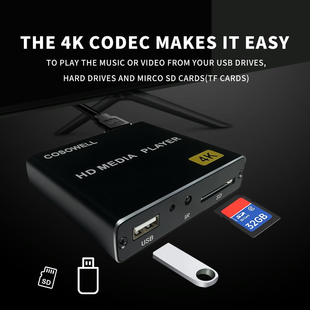 4K Media Player für USB-Laufwerk & SD, Ultra HD Digital Signage Player mit HDMI/AV Ausgang, H.265 H.264 MKV MP4 Video, MP3 Musik, JPG Foto, Auto Play & Resume, Loop Playback