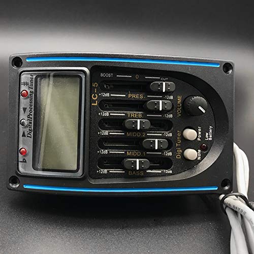 Close-up of HOMELY LC-5 preamp controls including EQ sliders, volume knob, and tuner buttons