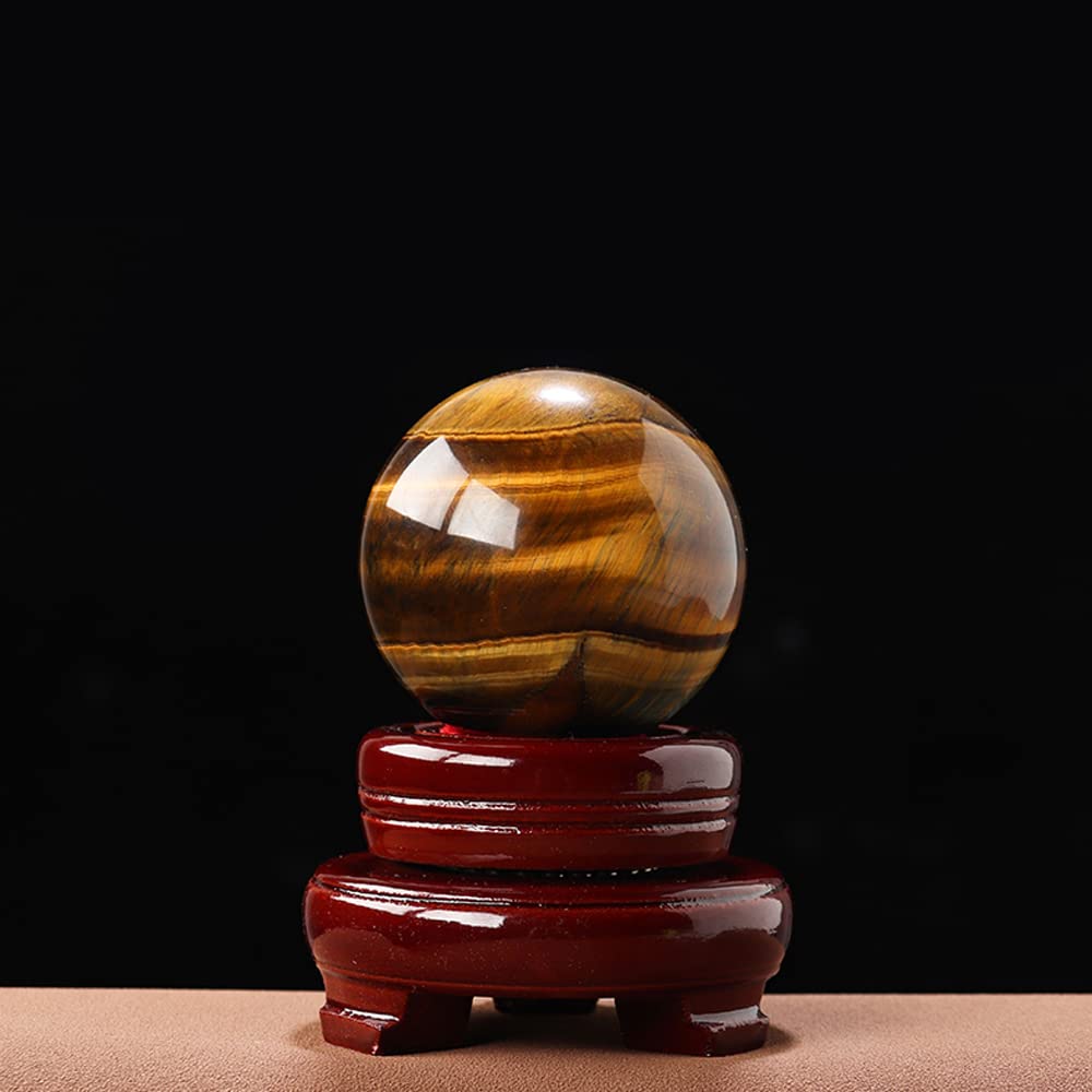 Natural Tiger Eye Healing Crystal Ball Gemstone Sphere with Wood Stand Sculpture Figurine for Reiki Divination Home Office Desk Decor (55-62mm)