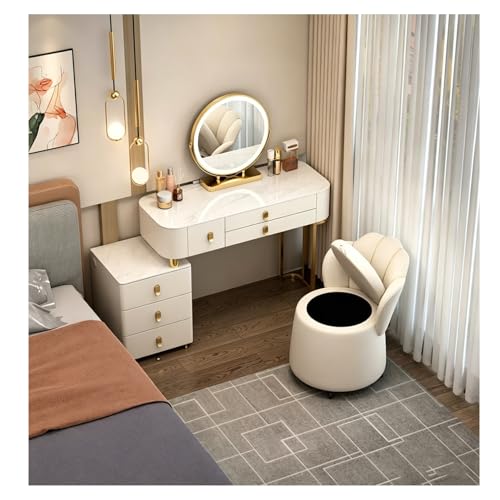Lsoiup Tocador con Espejo y Luces, Mesa de Maquillaje con 6 cajones y taburetes de Almacenamiento, gabinete Lateral, Escritorio de Maquillaje for Dormitorio, Blanco(L:80cm)