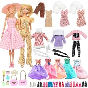36 kleding voor poppen, roze geruite jurk met hoed, goudkleurige pailletten, top broek, set wintertrui, korte jurken met sjaal, 2 jurken, schoenen, handtassen, sieraden, accessoires voor poppen van 38