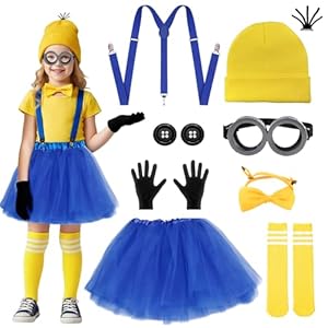 YAEGIMHT 8Pcs Gelbes Kostüm-Set für Kinder– Brille, Handschuhe, Blaue Verstellbare Träger, Gelbe Mütze, Fliege, Socken, Knöpfe & Blauer Tüllrock – Cosplay für Halloween & Weltbuchtag(Blau)