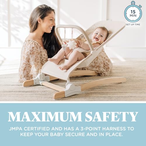 Image of Baby Delight Heirloom Aspen Wooden Baby Bouncer, Organic Oat | Infant 0-6 Months, 3-Position Recline, 3-Point Safety Harness, 100% GOTS Certified Cotton Fabric, Removable & Washable Cover