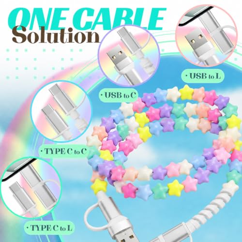Image of 4-in-1 Beaded Charging Cable, MFi Certified, Works with CarPlay, 3.3FT 60W Fast Charger Cord for iPhone 17 /16 /15 /14 /13 /12 /11, iPad, Samsung, Android and More (Pastel Stars)