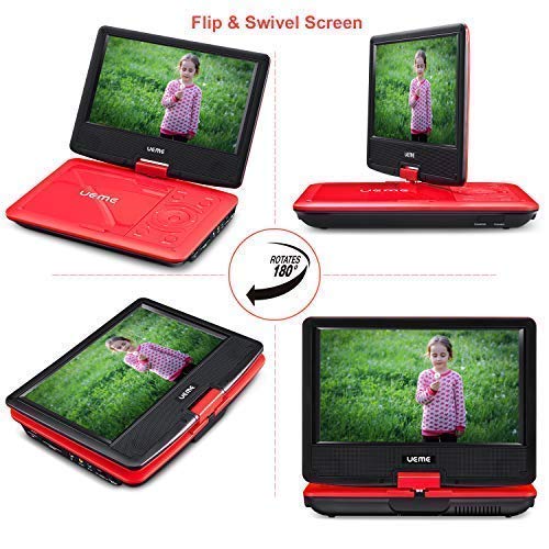 UEME Portable DVD Player with 9 inches Swivel Screen, Remote Control, Rechargeable Battery, AC Adapter Car Charger, Mobile DVD Player (Red) - Thumbnail 5