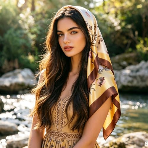Image of DRESHOW 35 inch Large Square Satin Head Scarf - 4Pcs Silk Accessories Classic Patterned Squares Beach Bandanas for Women