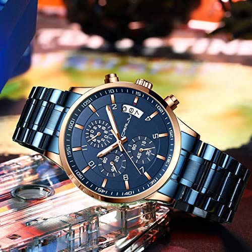Crrju Mens Watches Fashion Business Quartz Analog Auto Date Men's Watch Blue Stainless Steel Band Waterproof Chronograph Wrist Watch For Men #TOP3
