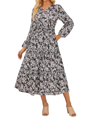 Damen Boho Langarm Kleid A-Linie Elastischer Taille V-Ausschnitt Blumen Sommer Herbst Kleid CL37-06/Braun mit weißer Blume XXL