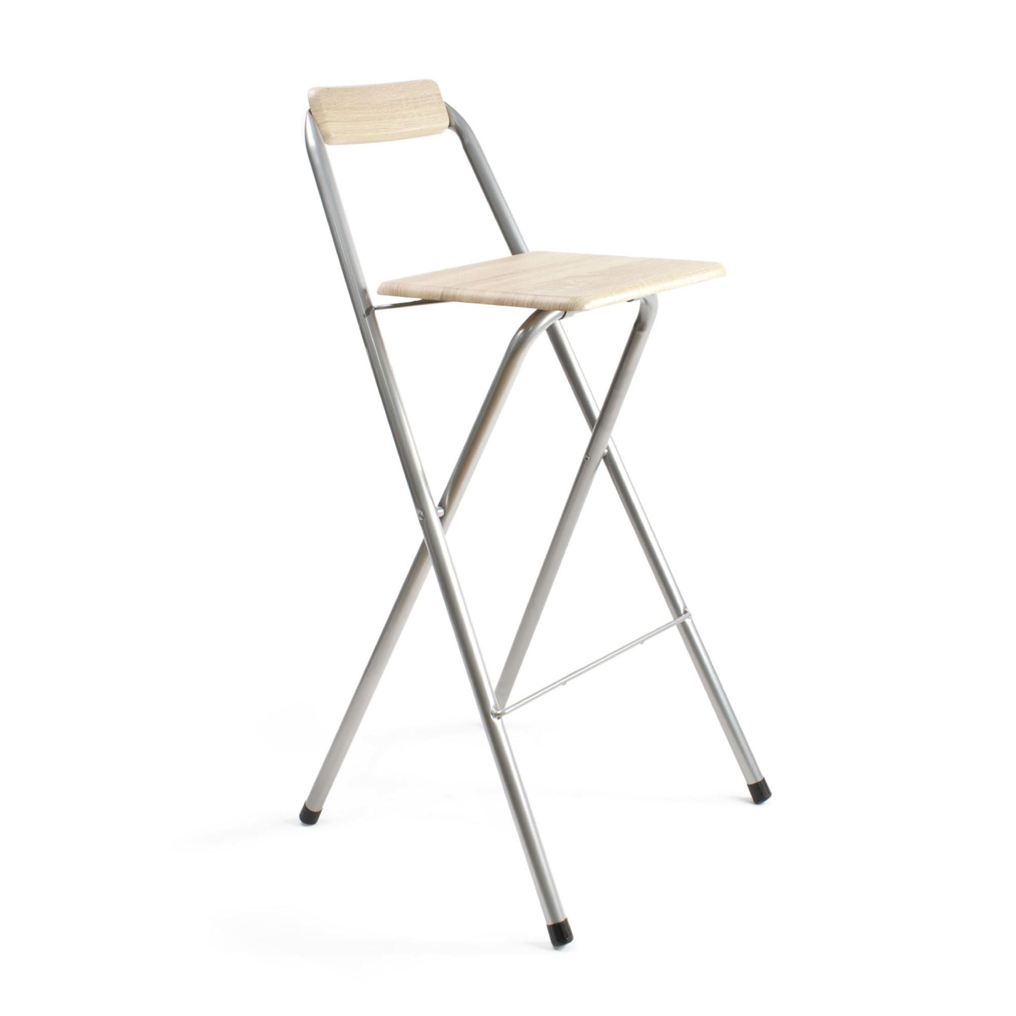 THE SECRET HOME Folding Stool with Backrest – Metal and Wood Folding Chair – Ideal for Kitchen, Terrace or Garden (H 99 cm x L 49 cm – Light Wood)