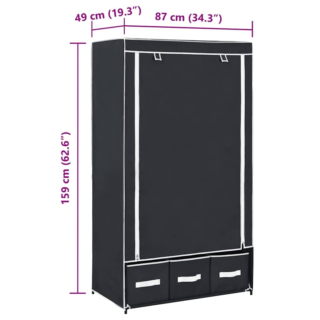 Kleiderschrank Schwarz 87 x 49 x 159 cm Stoff mit 3 Schubladen und Kleiderstange, platzsparender Faltschrank für Schlafzimmer, Flur, Kinderzimmer, Robustes Vliesmaterial, einfache Montage