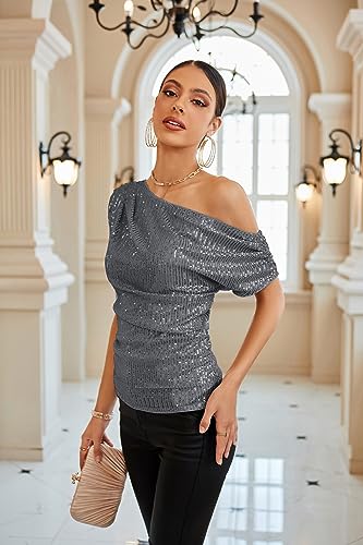 Image of GRACE KARIN One Shoulder Sequin Sparkly Tops for Women Ruched Asymmetrical Glitter Tops Slimming Sparkle Party Shirts