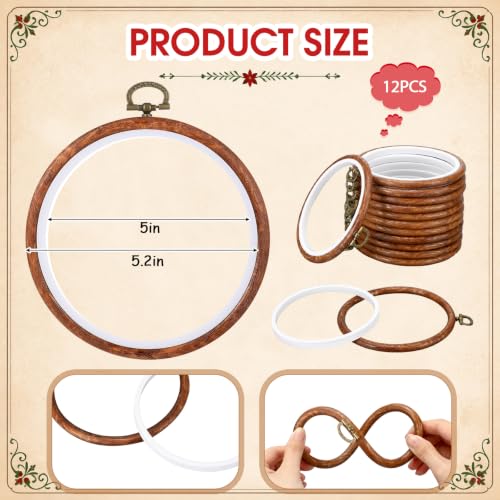Image of Burbell 5.1 Inch 12 Pcs Pcs Spring Round Embroidery Hoops Frame | Circle Rubber Hoops Ring Display Cross Stitch Ornament Imitated Wood Frame Kits for Christmas in July Craft Sewing DIY Gifts