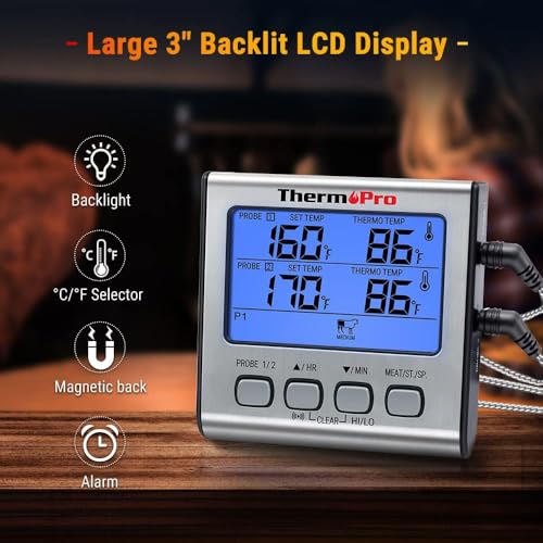 Image of LABART ThermoPro TP17 Dual Probe Digital Cooking Meat Thermometer Large LCD Backlight Food Grill Thermometer with Timer Mode for Smoker Kitchen Oven BBQ, Silver