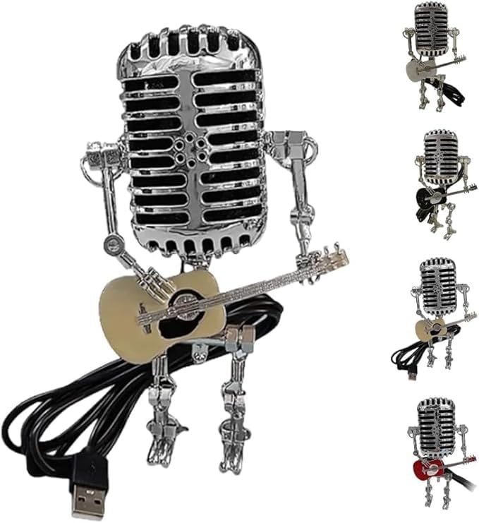 Endyniner Guitar Robot Lamp Holding Vintage Night Light, Metal Rockbot with Mini Guitar (Gold)