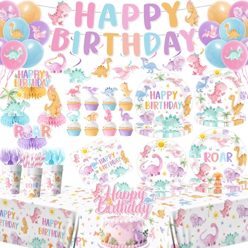 Pink Dinosaur Birthday Decorations for Girls Pastel Dinosaur Party Decorations with Banner Plates Napkins Cups Tablecloth Balloons Cake Topper for Dino Themed Party Supplies Serve 24