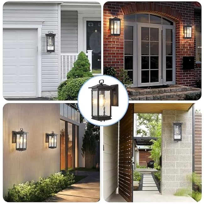 Large Outdoor Wall Lantern, Water Glass Exterior Wall Sconce Light Fixture, Matte Black Porch Light Wall Mount, Anti-Rust Aluminum Wall Lighting Fixtures for House, Garage, Patio