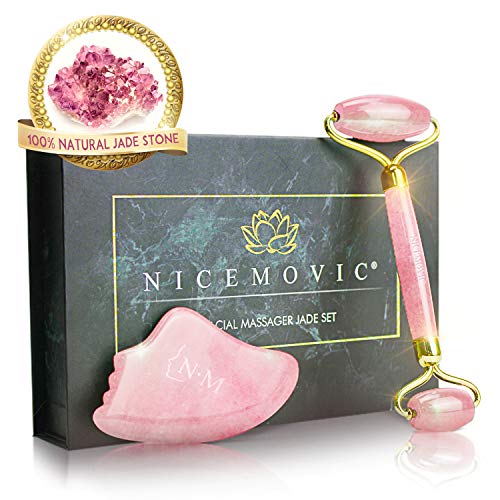 Jade Roller for Face and Gua Sha Scraping Tools Set - Rose Quartz Face Roller - Face Massager For Wrinkles, Anti Aging - Authentic, Durable,Natural, No Squeaks - Real 100% Jade