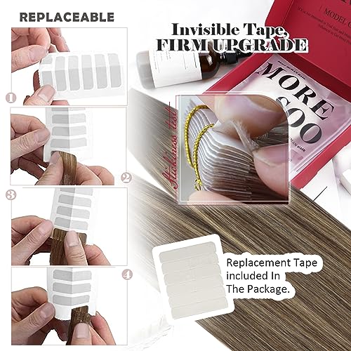 Moresoo Tape in Hair Extensions Human Hair 22 Inch Highlight Dark Brown with Caramel Blonde Real Hair Extensions Tape in Remy Straight Hair Lightweight All Day 20 Pieces/50g #4/27/4 - Image 4