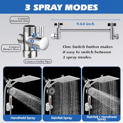 Image of Filtered Shower Head,8 inchRain Shower Head with Handheld Spray Combo with 11'' Angle Adjustable Extension Arm /Flow Regulator /Shower System,High Pressure Rainfall Shower Head Bathroom,Chrome