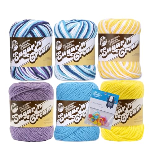 Image of Lily Sugar'n Cream 100% Cotton Yarn 6-Pack Bundle with Bella's Crafts Stitch Markers (Spring Ombre Mix)