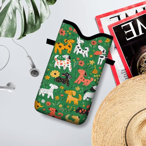 Image of Neoprene Cell Phone Sleeve Pouch Case Bag with Crossbody Strap Neck Lanyard for Women 7.1 X 3.9 in Green Dog