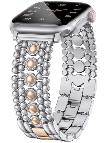 Minyee Compatible with Apple Watch Band 38/40/41/42mm Women, Pretty Dressy Steel Metal Strap Silver...