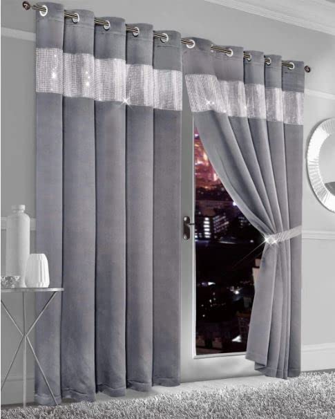 Paire de rideaux occultants à œillets avec embrasses et strass (argenté, 167,6 x 228,6 cm)