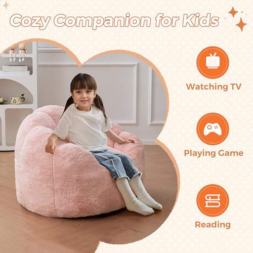 Image of MAXYOYO Kids Bean Bag Chair, Floral Shaped Bean Bag Sofa, Plush Faux Fur Toddler Couch with Petal Backrest for Boys Girls, Stuffed Cozy Sofa for Nursery, Bedroom, Pink